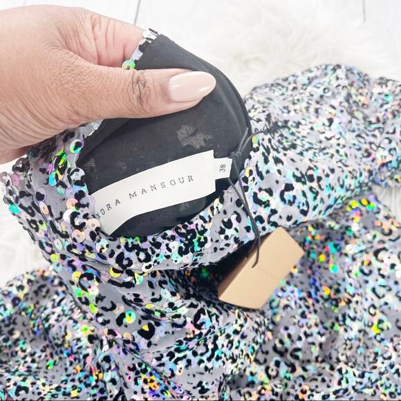 Sandra Mansour Women's‎ Sequined Velvet Leopard Asymmetrical hem Mini Dress - Picture 3 of 5